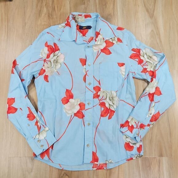 🔺️New Man Blue Floral Button Long Sleeve Shirt Men's Small - Picture 1 of 11